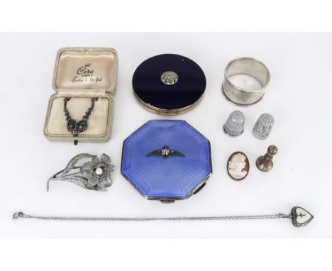 A George VI Silver and Blue Enamel RAF Octagonal Compact, and Mixed Items, the compact by John William Barrett, Birmingham 19