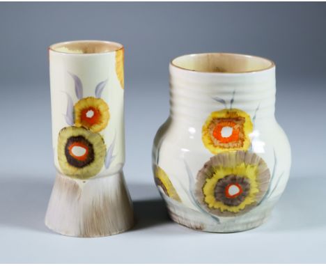 Rodanthe, Two Clarice Cliff Bizarre Vases, painted in colours, vase shape no.565 4.75ins high, and vase shape no.703 5ins hig