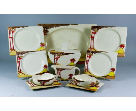 Coral Firs, a Clarice Cliff Biarritz Bizarre Part Dinner Service, comprising- six plates 10.25ins x 8.25ins, seven plates 9in