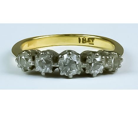 A Five Stone Diamond Ring, 20th Century, 18ct yellow gold set with five brilliant cut white diamonds, approximately .50ct tot