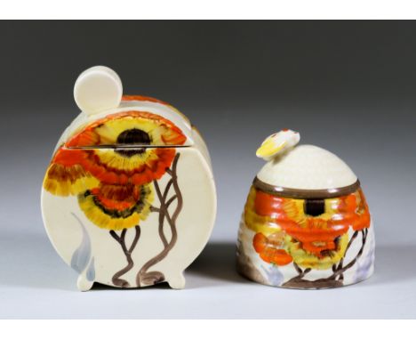 Rhodanthe, a Clarice Cliff Bonjour Preserve Jar and Cover and a Bizarre Beehive Honey Pot and Matched Cover, the preserve jar