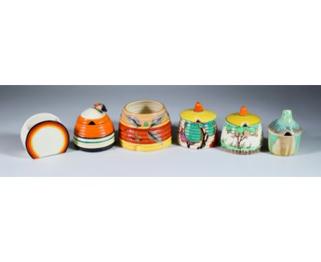Autumn, a Clarice Cliff Fantasque Bizarre Beehive Honey Pot and Five Other Items, the Autumn honey pot 2.125ins high with mat
