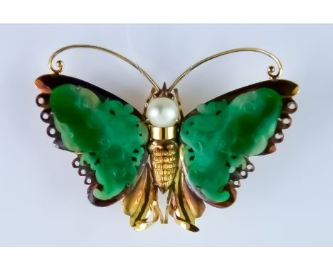 A 20th Century Butterfly Brooch, yellow metal and jade, the head being set with a cultured pearl, 50mm x 40mm, gross weight 8