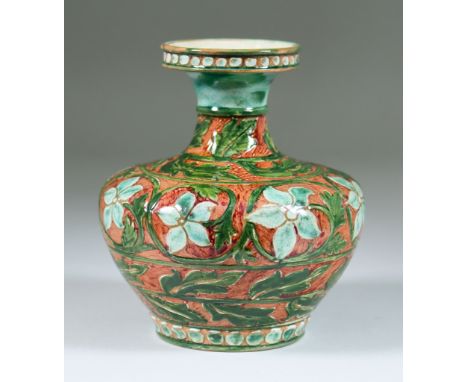 Liza Wilkins for Della Robbia, dated 1898 - Vase decorated with blue flower heads and green leaves on red ground, with incise