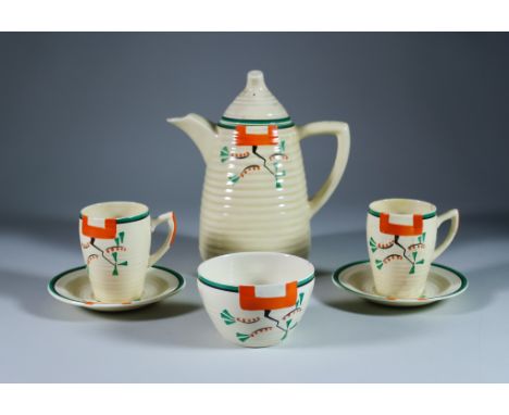 Ravel, a Clarice Cliff Bizarre Part Lynton Coffee Service, painted in colours with black and green rims, comprising- coffee p