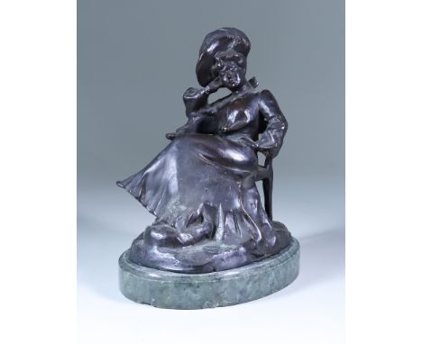 Early 20th Century School - Bronze figure of a seated woman wearing a feathered hat, on oval polished marble base, 9.5ins hig