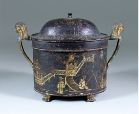 A Japanned Metal Tea Caddy, Early Georgian, with chinoiserie decoration, with stylised sphinx handles, on paw feet, 7ins high