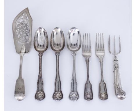 A Victorian Silver Fiddle Pattern Fish Slice and Mixed Silverware, the fish slice by Chawner and Co., London 1843, initialed,