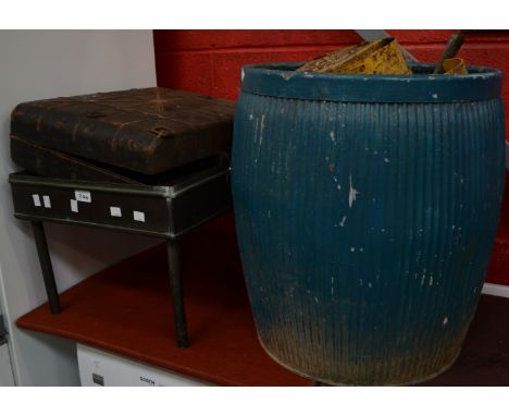 Boxes and Objects - a galvanized wash tub; an industrial copper trough raised on four legs; a brass valve wheel; a 1970s road