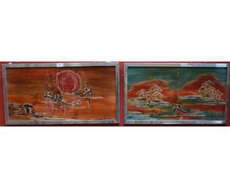 Continental/Spanish Contemporary School, a pair, Abstract Boats and Coastal Shacks & Sunset Sails, Impasto oil and colour was