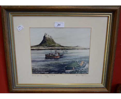 R W Thornton (contemporary), Holy island Lindisfarne, watercolour, signed, dated 89, 19.5cmn x 24cm