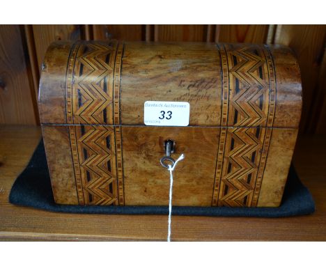 A Victorian walnut Tunbridge ware marquetry inlaid tea caddy, domed hinged cover, two interior compartments with mahogany squ