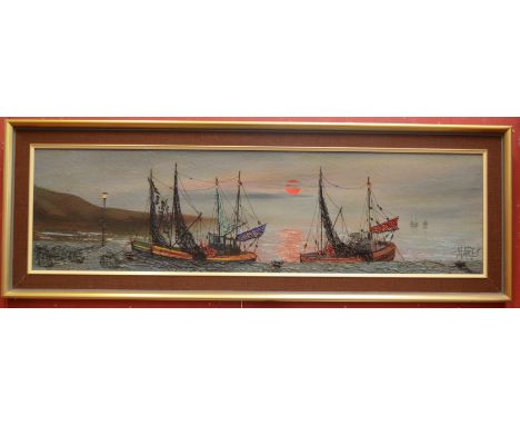 Maret (Continental School, mid 20th century)Abstract Ships in a Harboursigned, oil on canvas, 32cm x 120cm