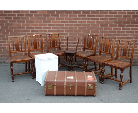 A set of six oak Arts and Crafts style dining chairs; an oak child's chair; a vintage travel trunk; a linen basket (9)
