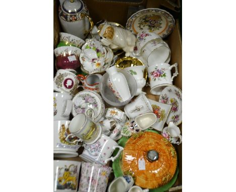 A Royal Doulton model bulldog; Royal Crown Derby Posie pattern teacups, trinket dishes; Aynsley loving cups; decorative ceram