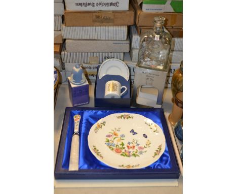 A Royal Worcester Royal Wedding set; a Wedgwood bell; JC Anderson flasken and an Aynsley bread plate and fork