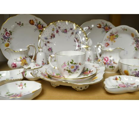 A Royal Crown Derby Posie pattern candle snuffer, another, tea cup and saucer, milk and sugar, trinket and pin dishes, shaped