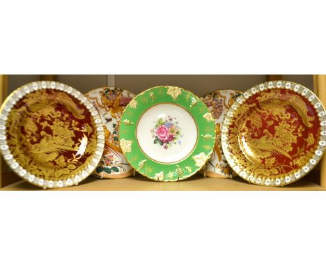 A pair of Royal Crown Derby Red Aves dinner plates, heraldic borders, firsts; a pair of Olde Avesbury shaped circular dinner 