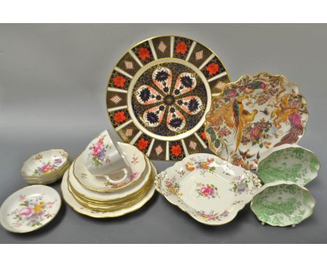 A Royal Crown Derby Imari 1128 pattern dinner plate, second quality; an Olde Avesbury pattern shaped circular plate; Green Av