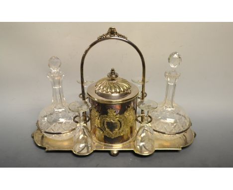 A James Dixon & Sons silver plated table caddy, fitted for two glass decanters and barrel, carrying handle, early 20th centur