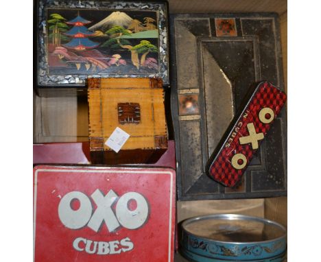 Advertising - an art nouveau Players navy cut cigarette box; others, Oxo, Huntley and Palmers; a musical Japanese black lacqu