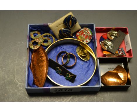 A collection of modernist and enamel jewellery; owl brooch; earrings; etc.