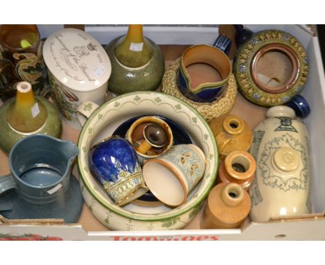 A pair of Royal Douton bottle vases, faults; a Doulton stoneware footwarmer; salt glazed stoneware ink bottles; Doulton Twinn