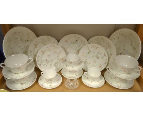 A Wedgwood Campion pattern part coffee and tea service including four coffee cups and saucer, soup bowls and stands, oval bow