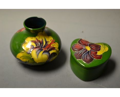 A Moorcroft compressed ovoid vase; a Moorcroft love heart shaped trinket pot and cover (2)