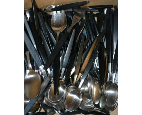 A Swedish Gense Focus De Lux stainless steel table service, designed by Folke Arstrom, comprising twelve soup spoons, a pair 