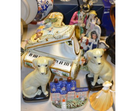 A Staffordshire flatback; another, similar, Stanfield Hall; a Capodimonte grand piano, decorated with flowers and cherubs; a 