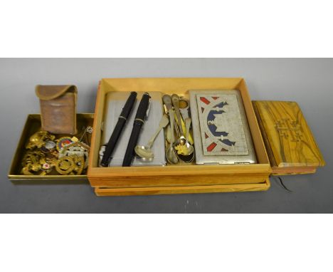 Boxes and Objects - a silver blade fruit knife; pens; a Ronson lighter; a cigarette case; flatware; military cap badges; etc.