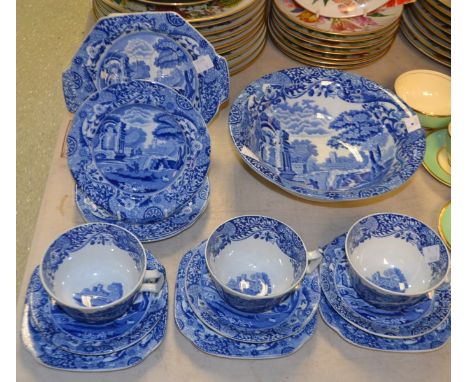 A Spode Italian Scenes blue and white part table service, comprising egg cup stand,  four square side plates;  three trios, a