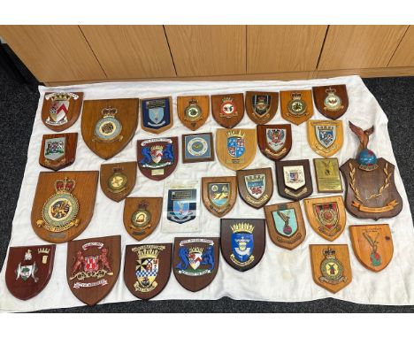 Large quantity of vintage RAF and local authority shields and plaques with squadron insignia and coats of arms. 