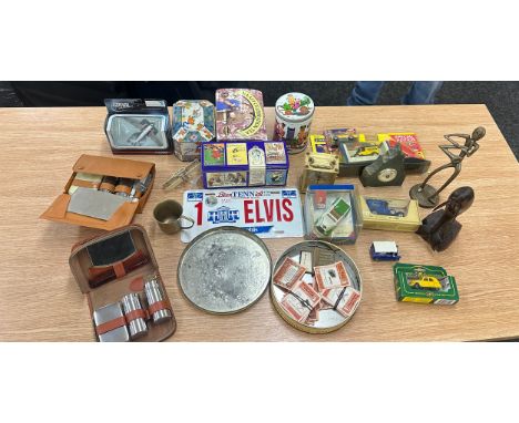 Selection of miscellaneous to include Corgi cars, vintage tins, clocks, gentle mans groom kit 