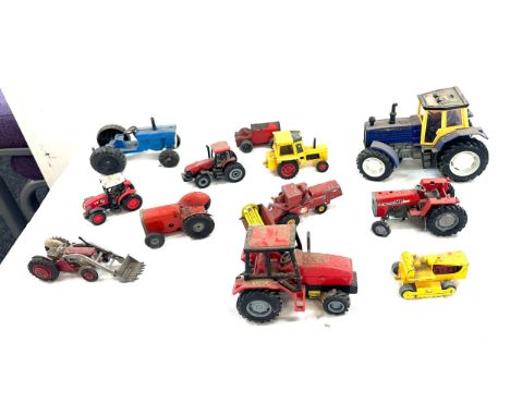 12 x Die cast and tin tractors, Dinky, Lesney, Minic, Corgi etc  - unboxed