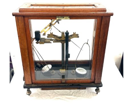 Cased vintage balance scales ' Dertling' measures approx 19.5 inches tall by 17 wide and 9 deep