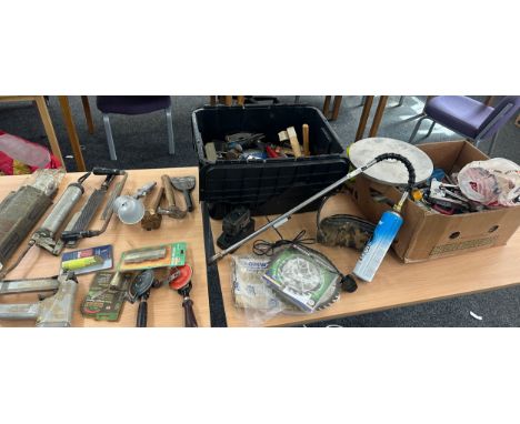Large selection of assorted tools includes grease guns etc 