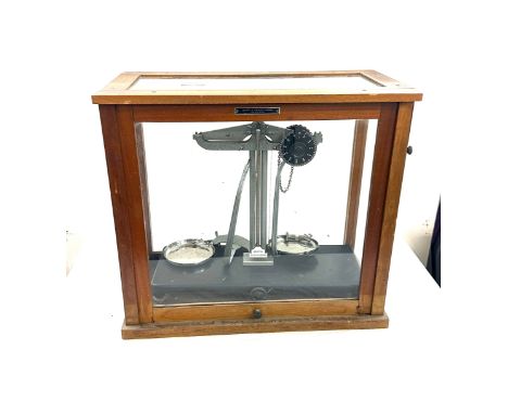 Cased vintage balance scales ' Griffin &amp; George Limited' measures approx 16 inches tall by 17.5 wide and 9.5 deep