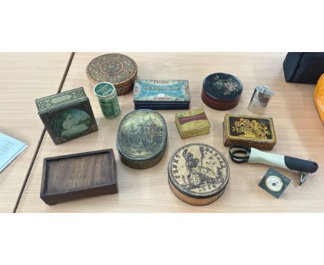 Selection of vintage tins, and some collectable items, buttons, clock etc 