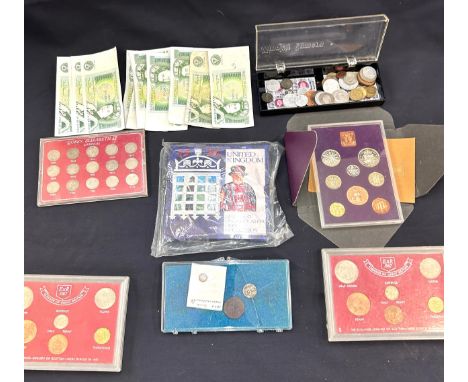 Selection of vintage cased coin sets and bank notes, silver coins etc 