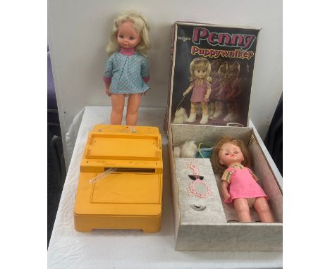 Vintage Girl Doll Bradgate Penny Puppy Walker Toy with Dog 1970s Original Box and Vintage Katy Kopycat with her magic desk - 