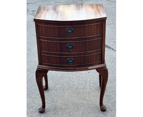 Queen anne 3 drawer bow front bedside cabinet, approximate measurements: Height 28 inches, Width 18 inches, Depth 14.5 inches