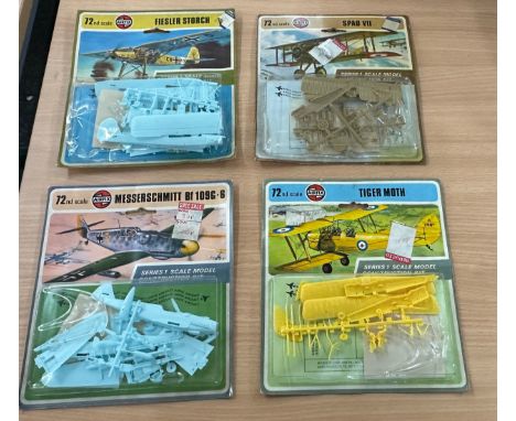 Four Air fix scale model construction kits to include ' Fiesler Storch' ' Spad VII', ' Tiger moth', 'Messerschmit BF 109G-G'
