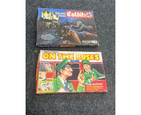 Two vintage games one ' Escape From Colditz Board Game 1973 Parker' and the other ' Denys Fisher on the buses'