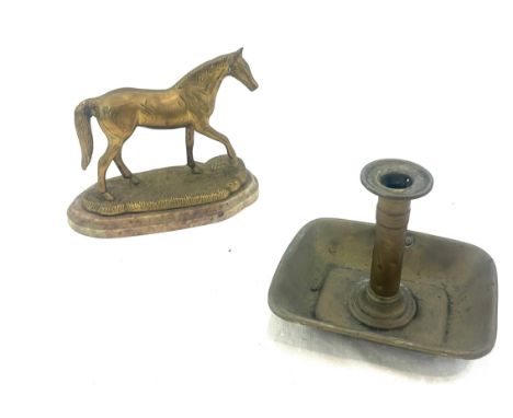 Vintage brass candle stick and a brass horse on a marble base 