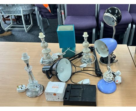 Selection of electrical items to include four table lamps, 2 desk lamps, 1 angle poise lamp and a pack of 4 ultrathin recesse