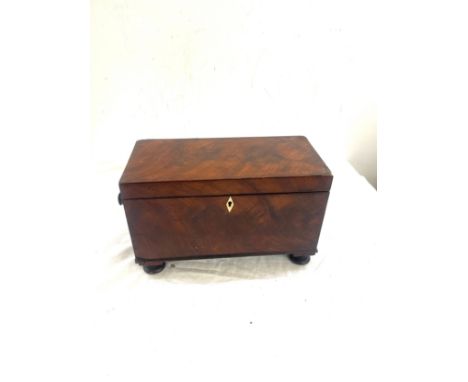 Antique 4 legged inlaid tea caddy with glass bowl (not original) measures approximately 7.5 inches by 12 inches