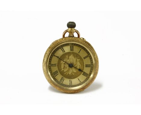 A Continental ladies fob watch, with engine turned engraved dial and blue spade hands, with Roman numerals and engraved Benne