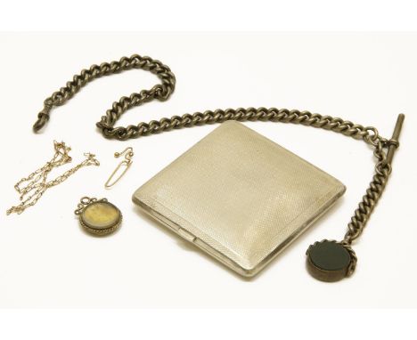 A collection of costume jewellery to include a sterling silver square engine turned decorated compact, brooch fitting marked 